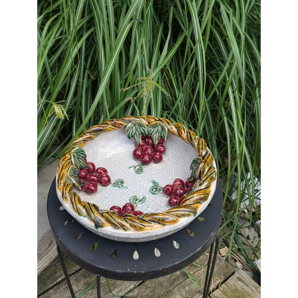 Vintage Handmade Ceramic Crackle Glaze Grape Bowl 3D Raised Fruit Rope RimDecor